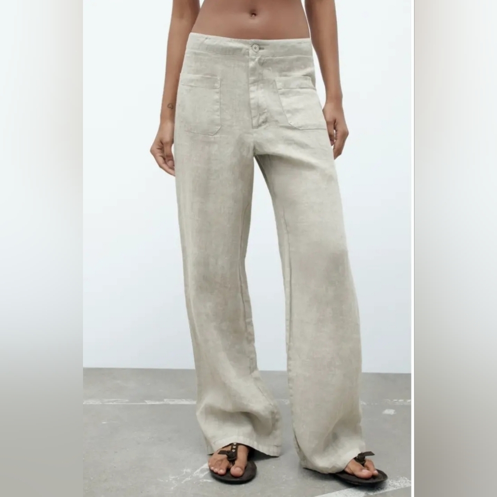 ⚡️Zara Linen Trousers with Pockets Gray High Waisted Pants